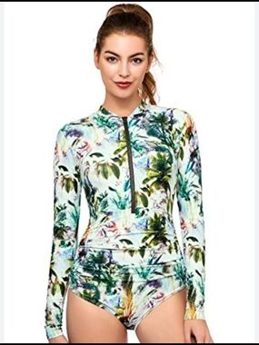 Axesea Side Ruching Long Sleeve One Piece Swimsuit Coconut Palm Size 10